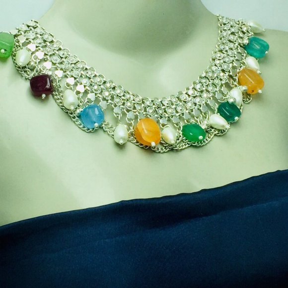 Silver Kuchi Choker Necklace With Multicolor Stones and Pearls - Picture 3 of 13